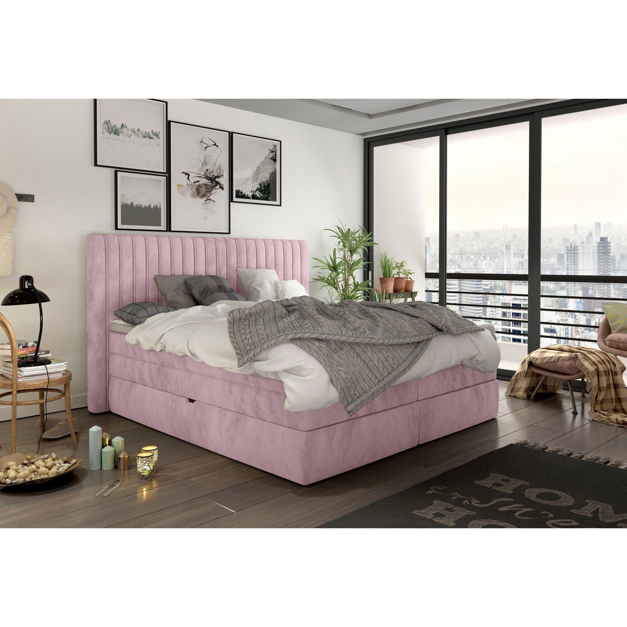 Roz Rafiera Pat MINOLA 160 boxspring, catifea roz - Riviera 62, cu saltele, topper ...