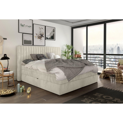 Pat MINOLA 160 boxspring, catifea crem - Riviera 21, cu saltele, topper 5 cm si 2 lazi pentru depozitare