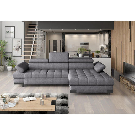 Coltar SELVA L, sezlong dreapta, stofa gri - Austin 19, 263x97/223x75/95 cm, extensibil, lada depozitare, tetiere reglabile